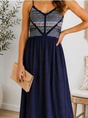 EUC Altar’d State Navy Embroidered Maxi Dress